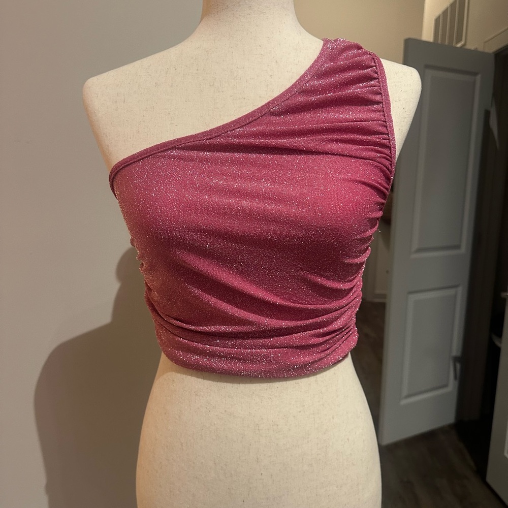One-Shoulder Pink Sparkle Crop Dress